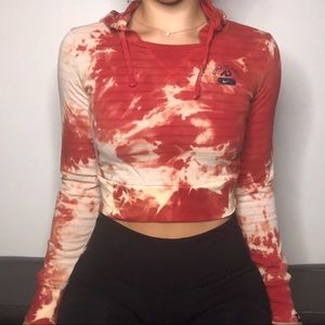 Nike Tie Dye Red Orange DIY Reworked Cropped Pullover Drawstring Hoodie